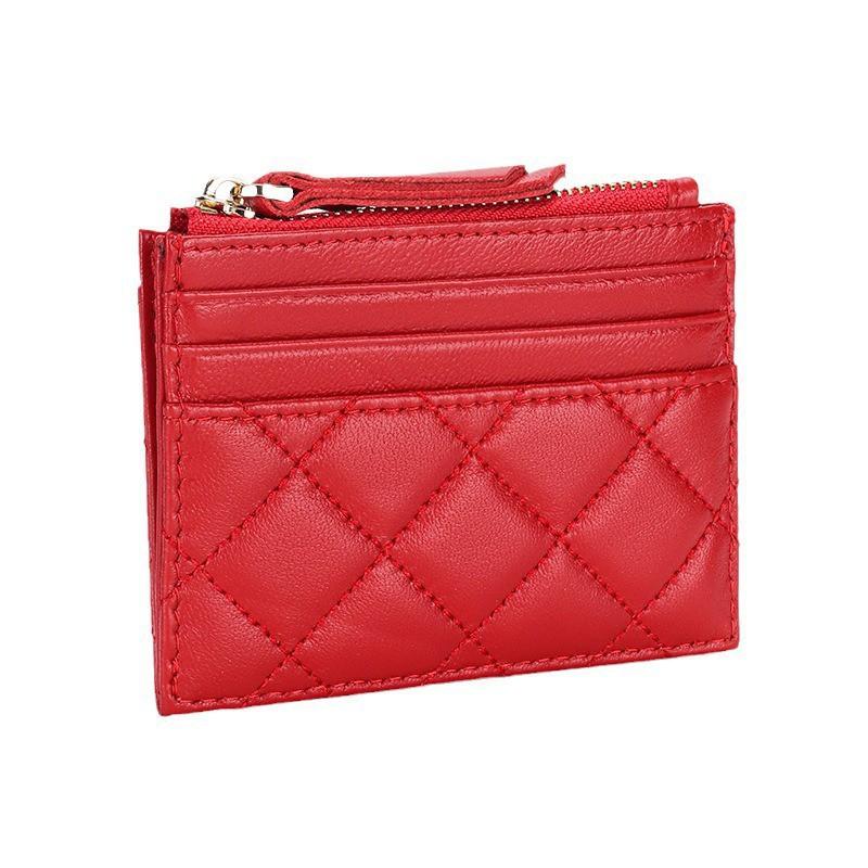 Soft Sheepskin Short Wallet Style Diamond-check Zipper Change Purse Genuine Leather Multi-card ID Bag