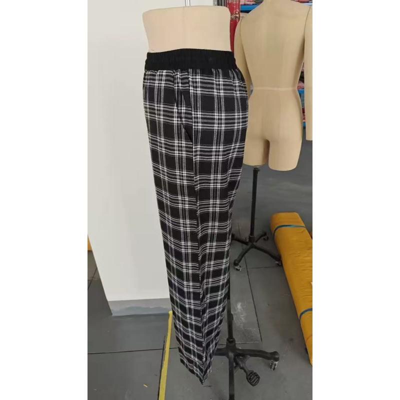 Retro Casual Floor-Length Drapey Wide-Leg Plaid Pants With Elastic Waist Straight-Leg Casual Trousers For Women