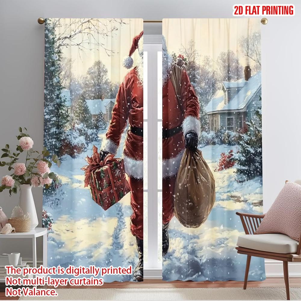 2pcs,2D plane printing Creative Curtains Santa Claus Walking Snowy Woods Gift (2) Versatile 100% Polyester (without rod)