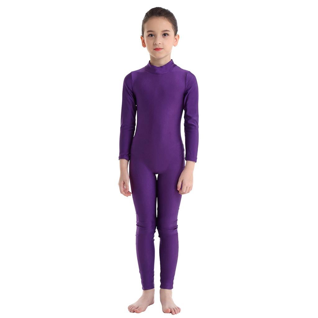 Kids Girls Ballet Dance Gymnastic Unitard Jumpsuit Long Sleeves Mock Neck Zippered Back Bodysuit Activewear