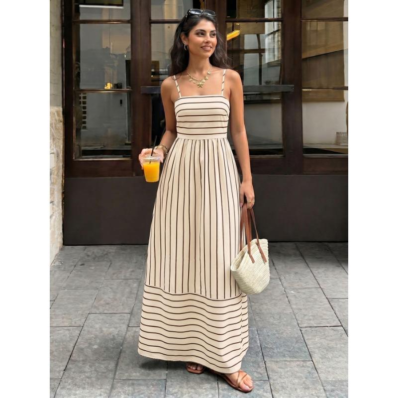 Women Striped Backless High Waist Suspender Maxi Casual Vacation Dress