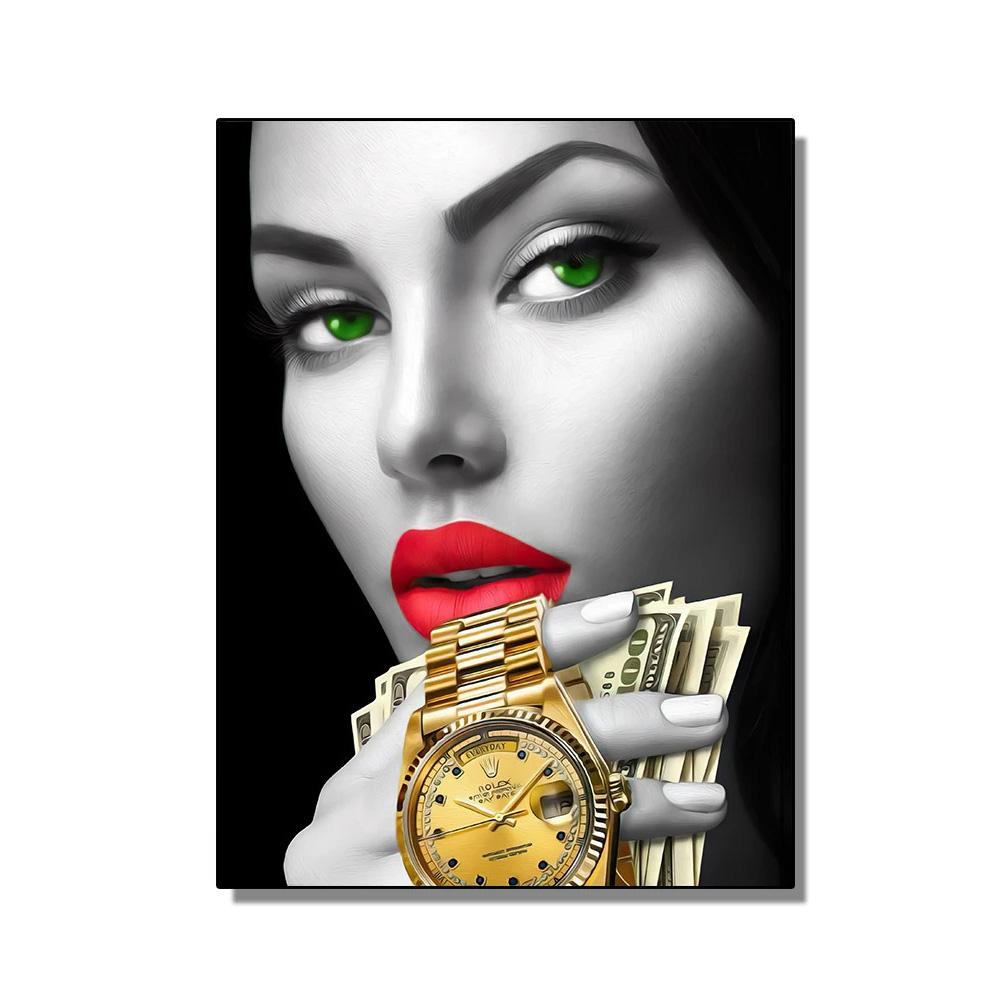 Sexy Woman Red Lips Burning Dollars Money Posters Canvas Painting Luxury Watch Fashion Wall Art Living Room Home Decor