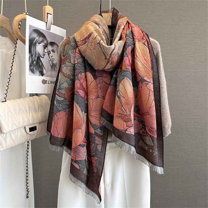 Design Oil Floral Printde Cashmere Scarf Women Winter Pashmina Shawls And Wraps Thick Warm Bufanda Stoles Blanket Luxury