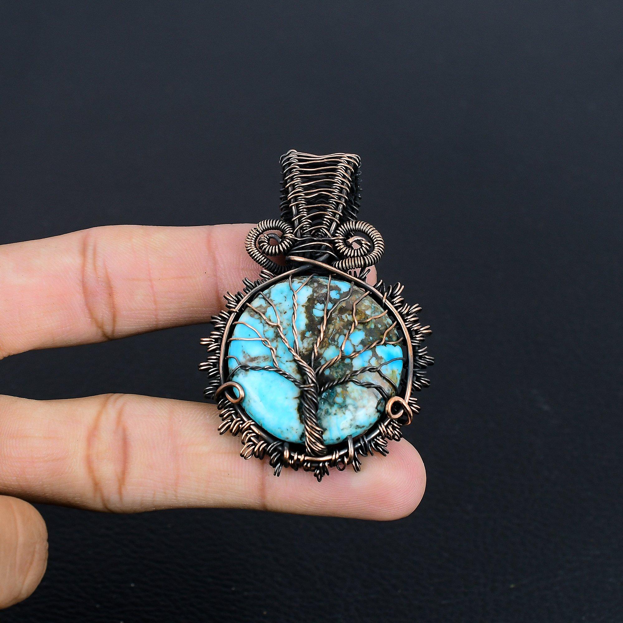 

Blue Turquoise Pendant, 999 Copper Wire Wrapped Gemstone Jewelry, Handmade Pendant For Mother Day 2.25 Inches