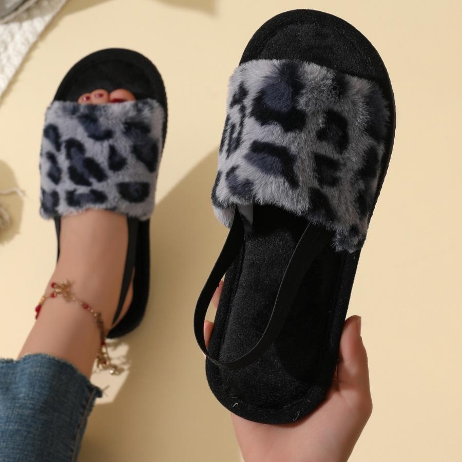 New leopard print plush slippers women's elastic cotton slippers home warm fluffy slippers women