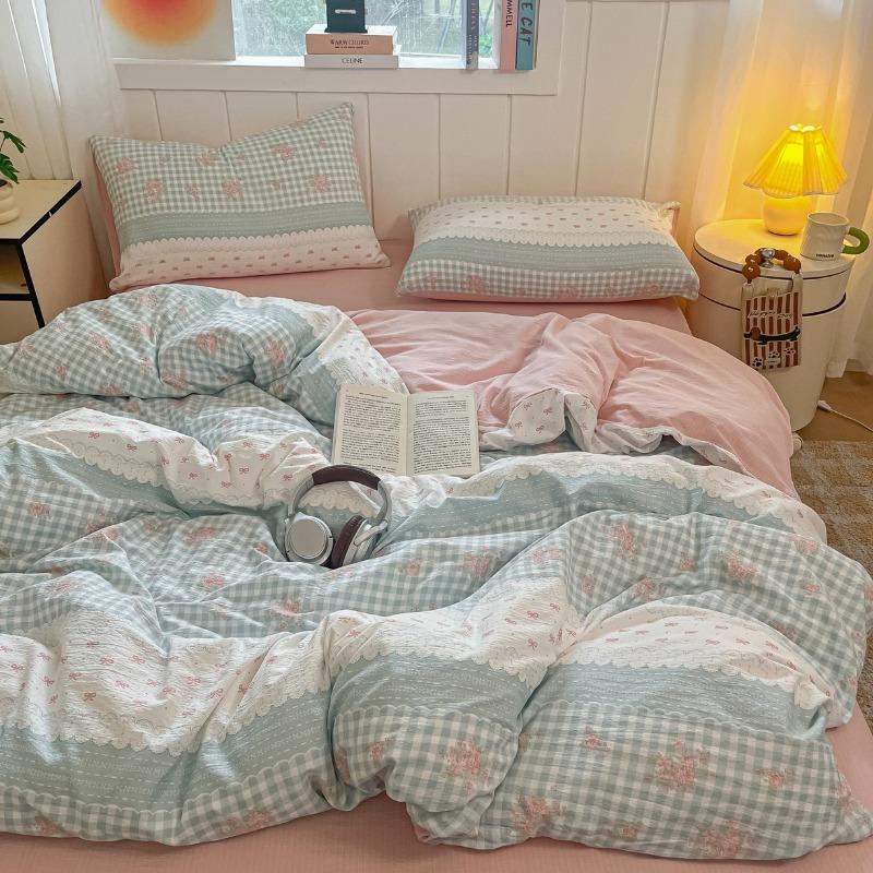 Double-layer yarn printing four-piece set, student dormitory three-piece set, bed sheet quilt cover, bedding