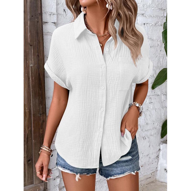 European American Women's Cotton Shirt - 2026 Summer Collection: Solid Color Casual Button-Up