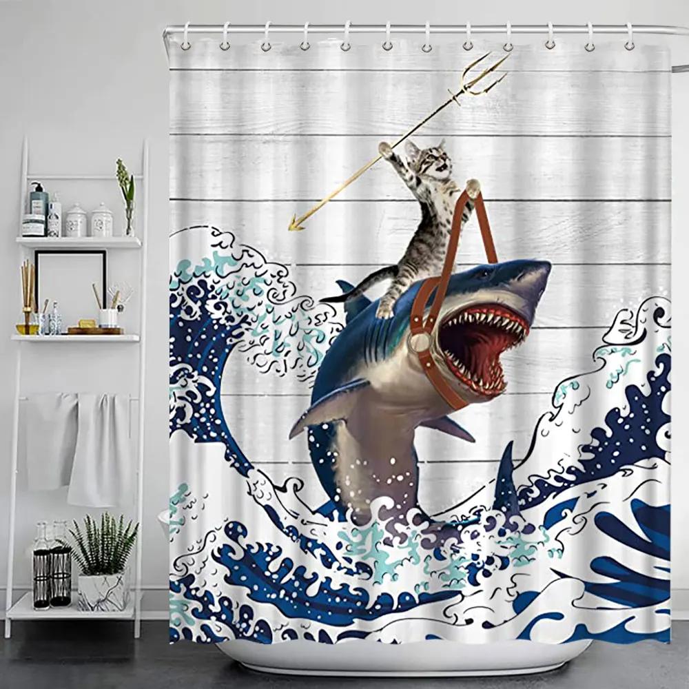 Cartoon Animal Shower Curtains Funny Bathe Dinosaur Cute Black Pet Cat Flower Plant Leaves Kids Bathroom Decor Cloth Curtains