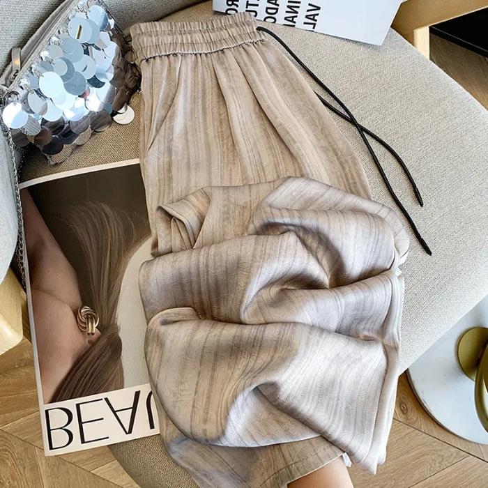Women's Summer Satin Wide-Leg Ink Wash Pants – Casual, Floor-Length, Lazy Style