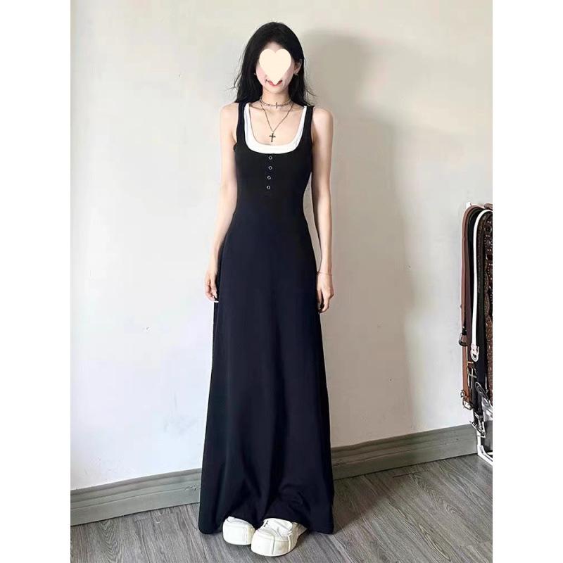 Black long dress fake two pieces Hepburn style small black dress Platycodon French age reduction thin suspender dress children's summer dress