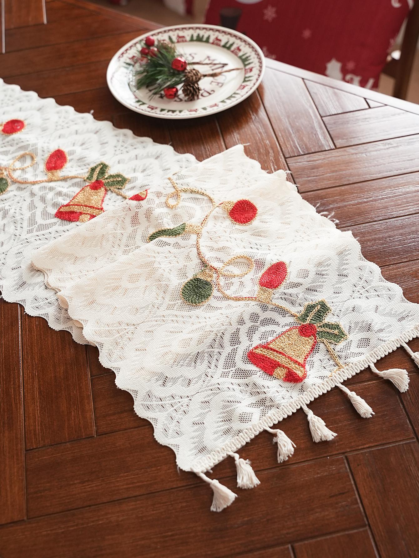 

Christmas Bell Embroidery Lace Hanging Tassel Table Runner Living Room Kitchen Dining Table Decoration Anti Slip Other&30x150cm бежевий