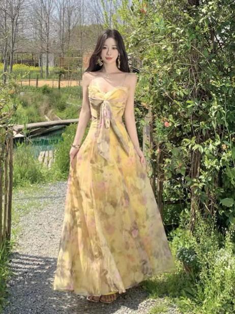 Wear an Oil Painting Dress, Floral Suspender, Waist Halter Dress, Island Beautiful Seaside Beach Dress