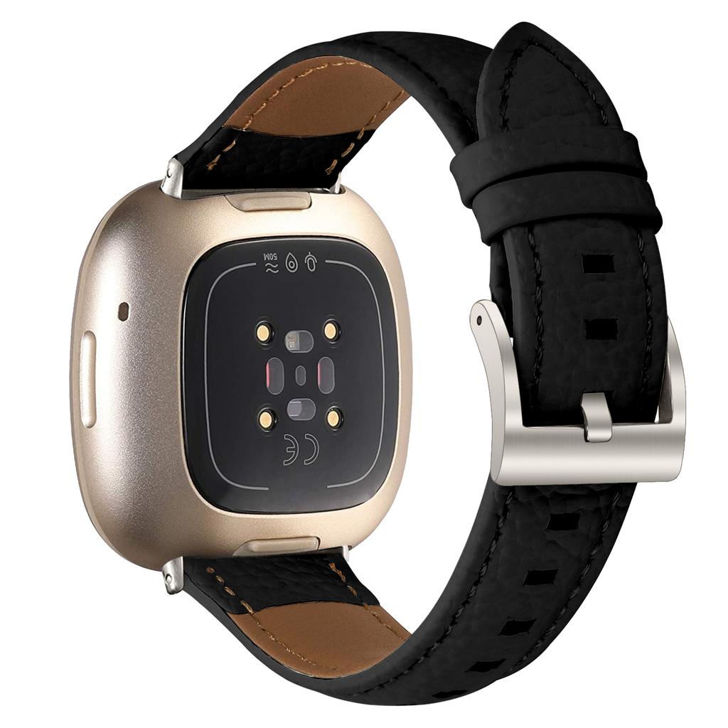 Litchi Textured Genuine Cow Leather Strap with Electroplated Buckle for Fitbit Versa 3/Sense Pointed-End Watch Band