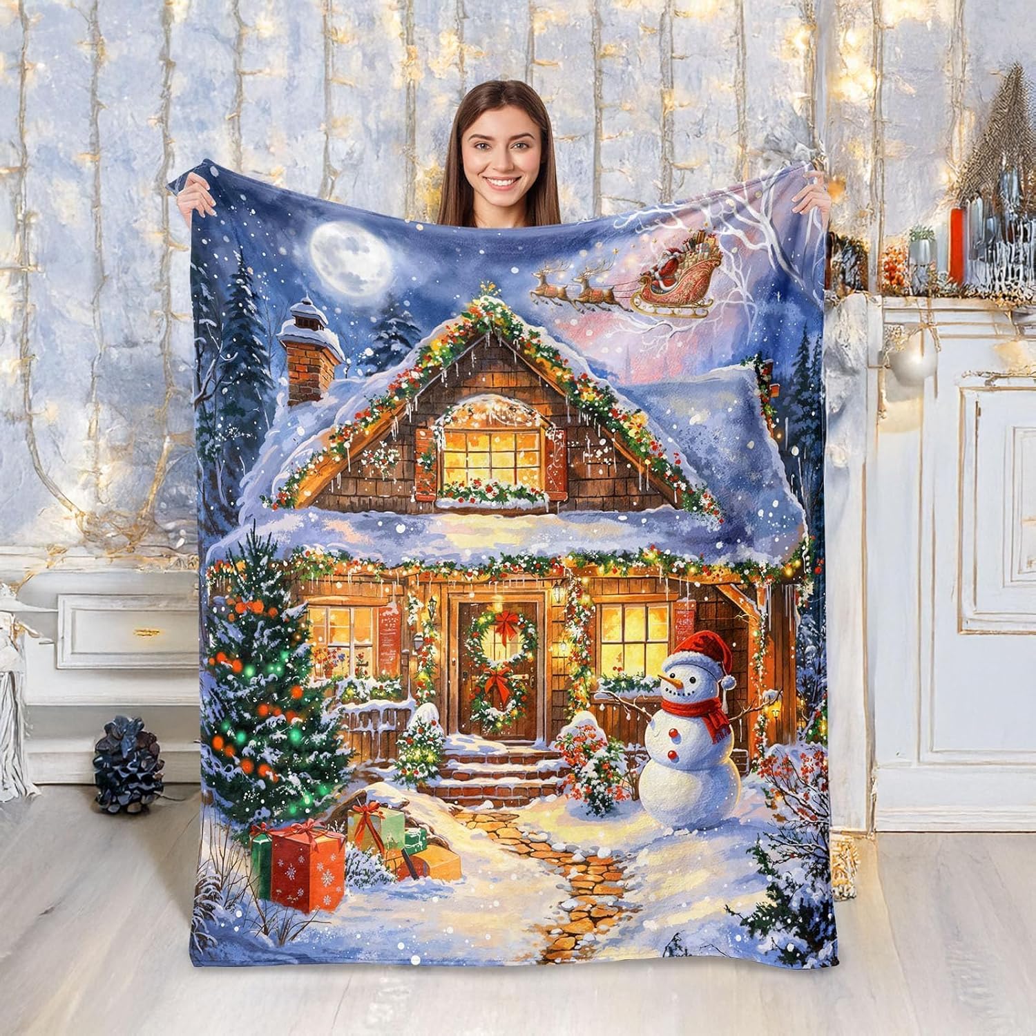

Christmas Patchwork Throw Blanket Snowman Tree Truck Design Holiday Decor Gift for Her FestiveHomeStyle 70x100cm28x39in