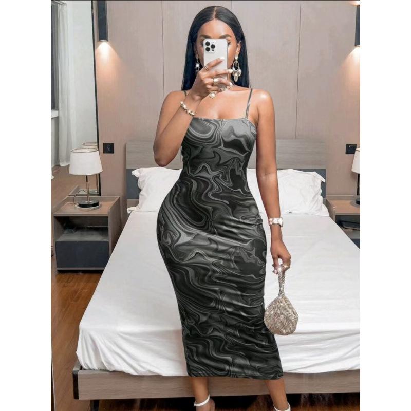 Women's Fashion Print Slit Tight Halter Halter Long Dress