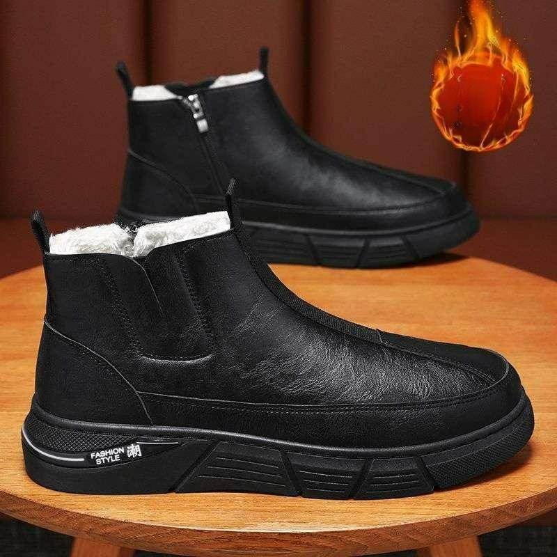 Men's Boots High-top Ankle Boots Trend British Style Outdoor Leather Shoes Zipper Platform Work Shoes Soft Sole Plush Snow Boots