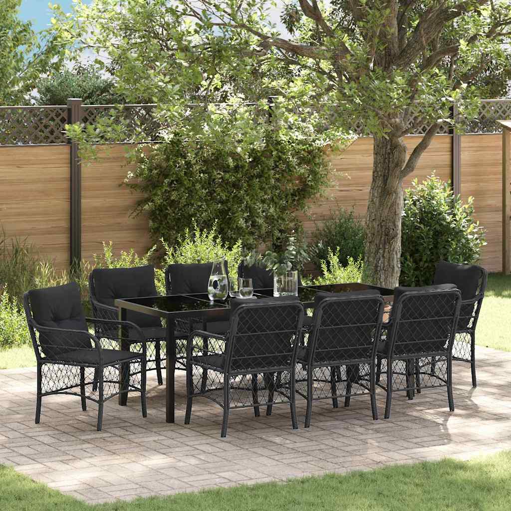 Garden Dining Set with Cushions 9 pcs Black Poly Rattan