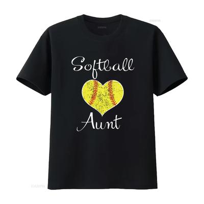 Womens Softball Aunt Round Neck T Shirt Black Vintage Washed Unisex Graphic Soft Versatile Casual Slightly Comfortable