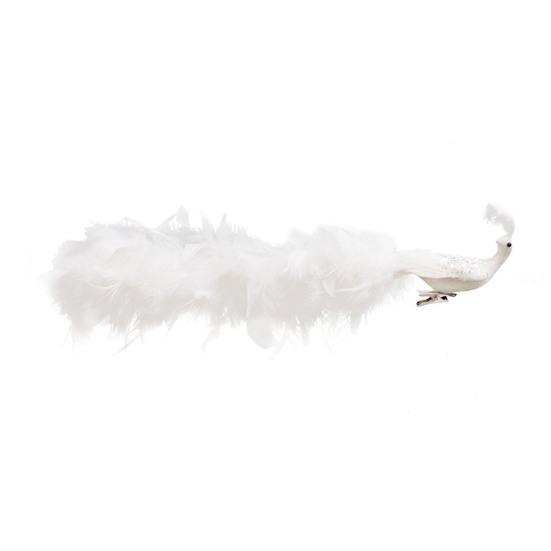 16in White Peacock Tree Topper Artificial Long Tail Glitter Peacock Clip Ornaments Faux Simulation Feathered Peacock for Christmas Tree Decor