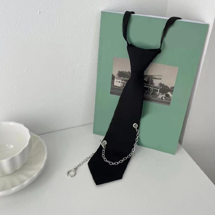Aesthetic Hiphop Punk Metal Chain Necktie Student Japanese Pre Tied Adjustable Black Ties for Uniform School Shirt