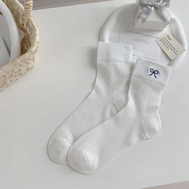 Women Socks Ballet Style Sweet Girls Black White Gray Socks Cute Bow Embroidery Hollow Out Mesh Thin Breathable Loose Long Socks