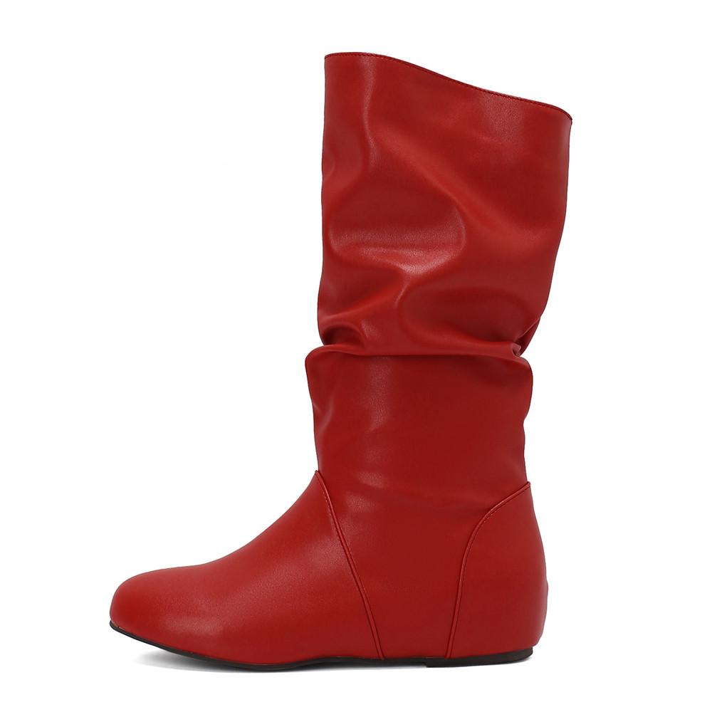 Fashion Mid-Calf Boots Women PU Pleated Boots Female Round Toe Shoes Concise Height Increasing Flat Shoes Autumn Winter 2025 Size34-48