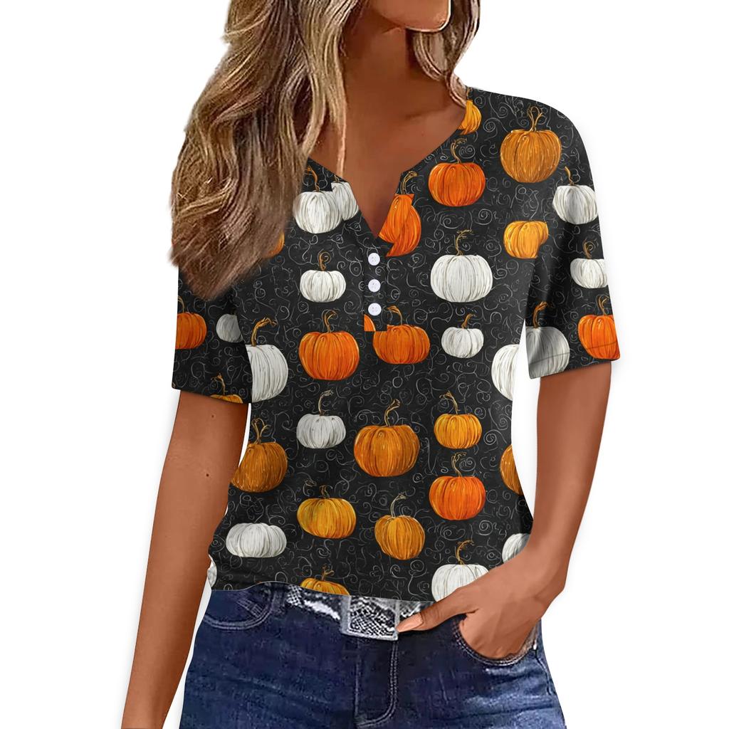 Women V Neck Short Sleeve T Shirt with Decorative Buttons Halloween Pumpkin Printed Casual Loose Fit Top for Daily Wear
