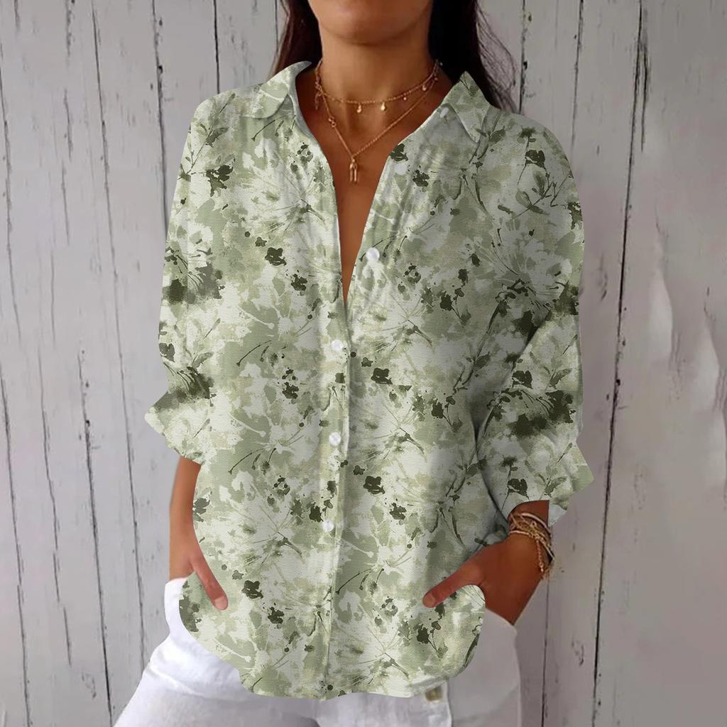 Women's Fashion Seven Sleeve Casual Lapel Back Tie Shirt Printed T-Shirt Top