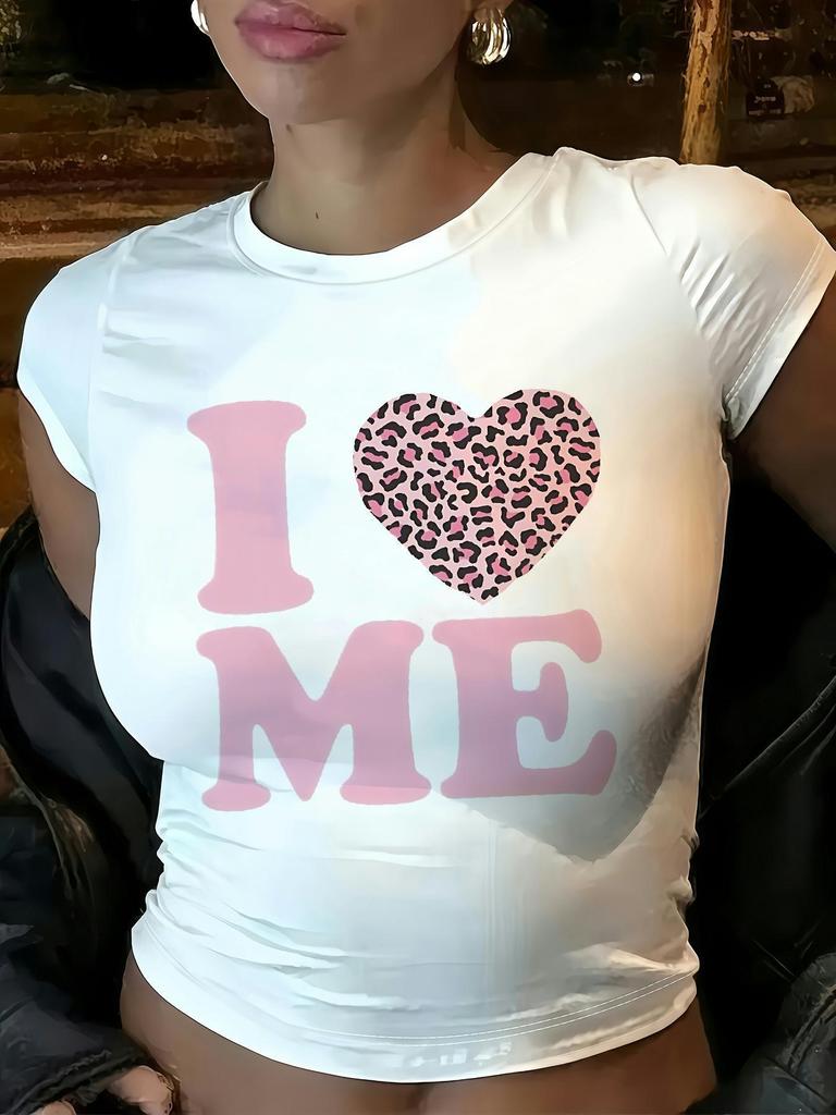Newest Womens Graphic T-Shirt - I Love Me Leopard Print Heart Design Harajuku Sleeve Clothing Street Tops Tees Aesthetic Clothes