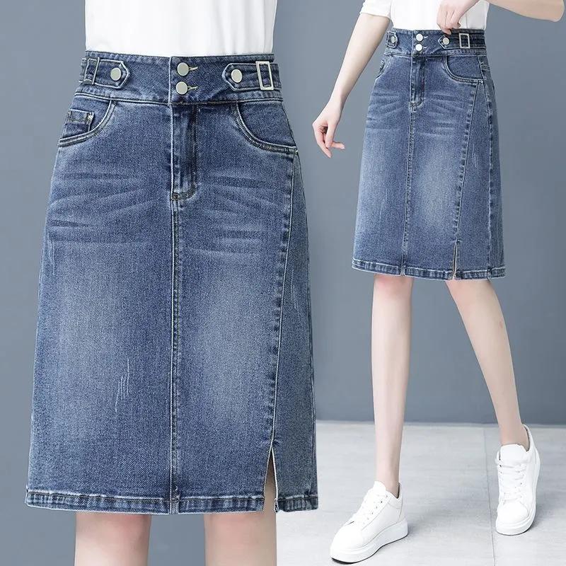 Frühling Sommer Übergröße Rock für Damen Hohe Taille Große Größe Schlitz Jeansröcke Schlank Femme