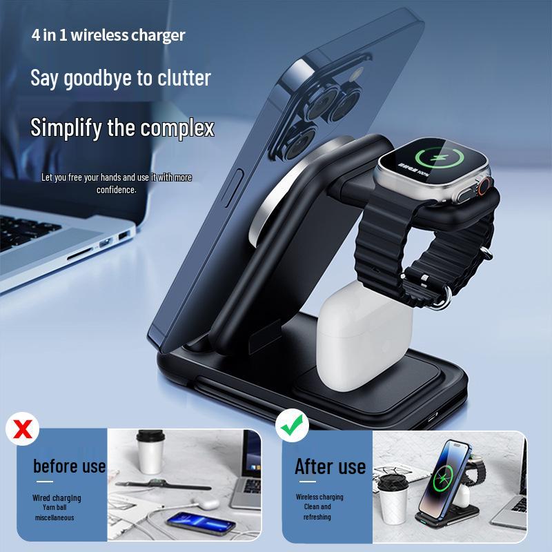 3-in-1 Foldable Wireless Charging Stand with Magnetic Cable for Fast Charging