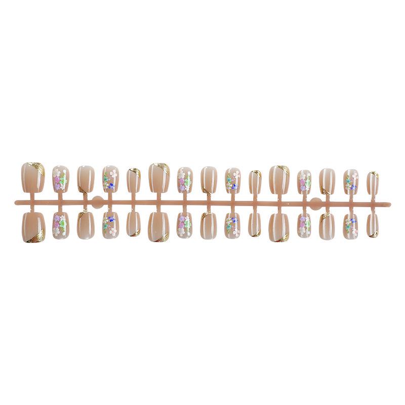 Gold-Plated Cat Eye European Short Nail Art with Colorful Flower Design - 30 Pcs Wearable Nails