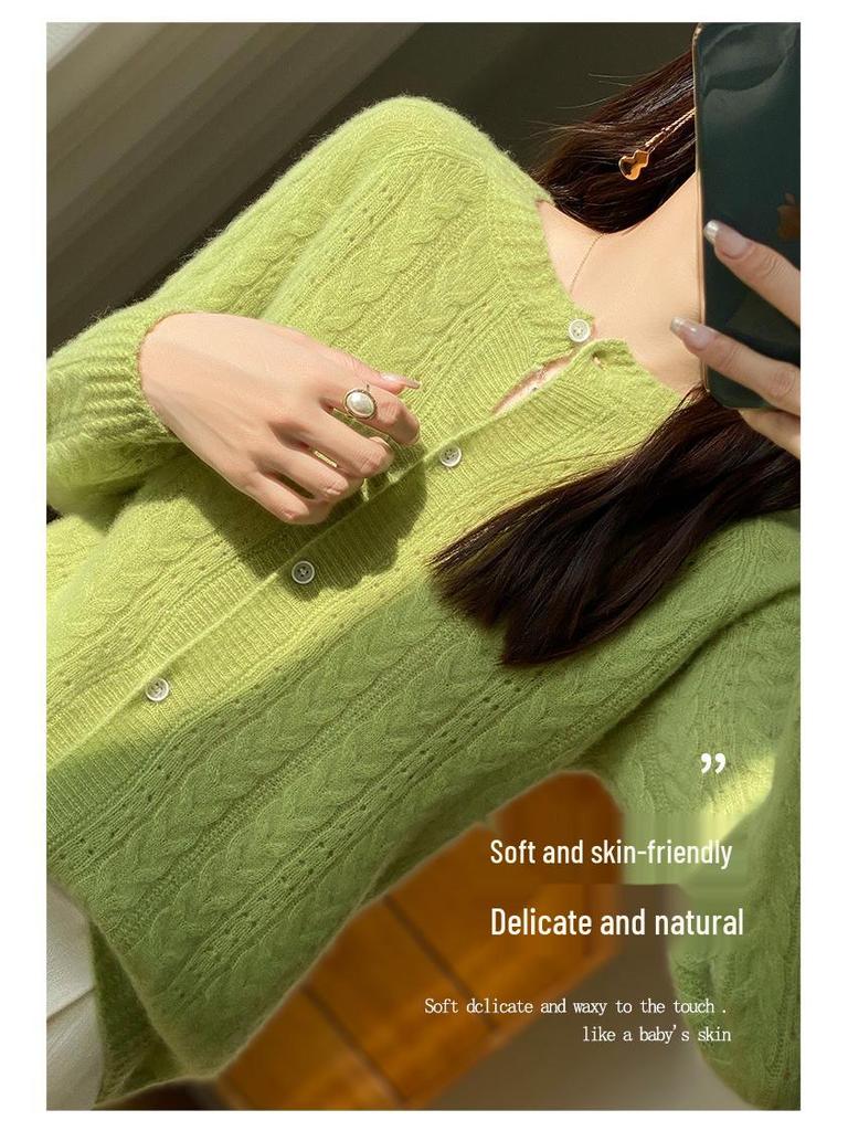 Damen 100% Wolle Lochkabelstrick-Cardigan - Lockere Passform für Herbst/Winter