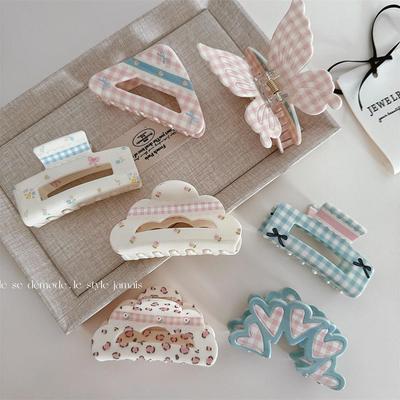 Blumiger Karomuster-Klammerclip mit Schleife - Acryl-Haaraccessoire