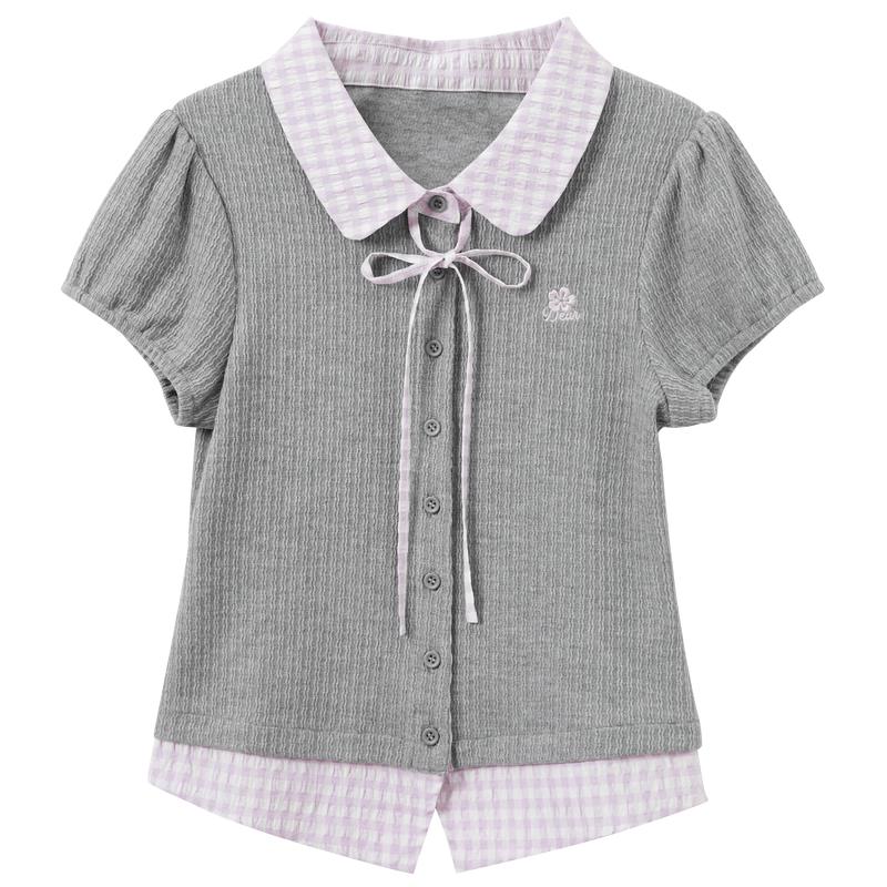 Faux Two-Piece Plaid Puff Sleeve Top M