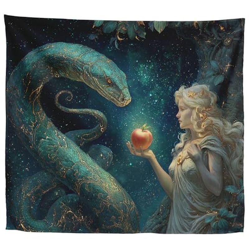Eve Snake Apple Garden Eden Myth Wall Tapestry Dark Green Starry Sky Serpent Blonde Woman Fruit Oil Painting Bedroom Soft