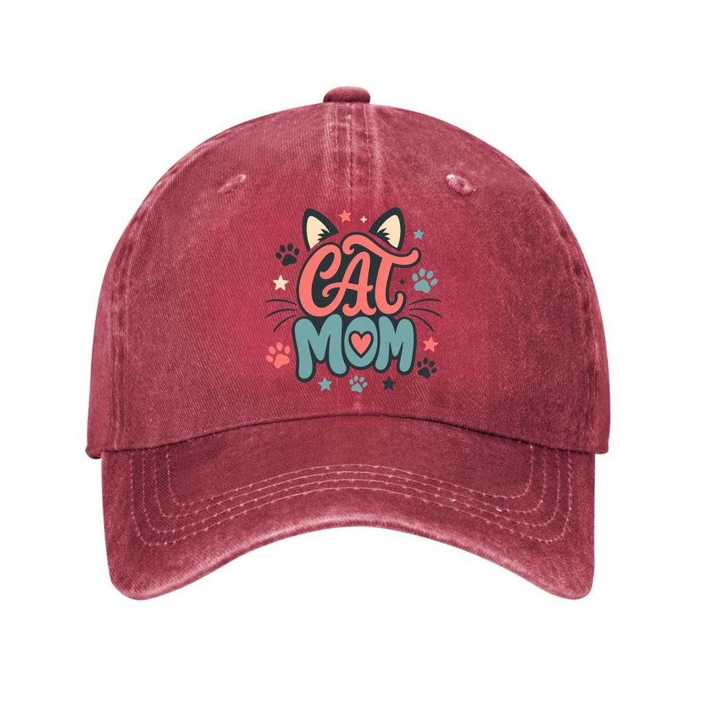 Playful Cat Mom Script Emblem Washed Baseball Cap Outdoor For Womens Unisex FeUnisex Dad Hat