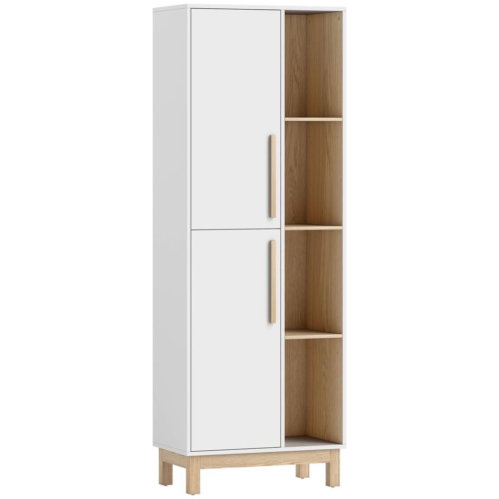 Bathroom Cabinet, 2 Doors, 4 Open Compartments, Adjustable Shelves, White and Natural