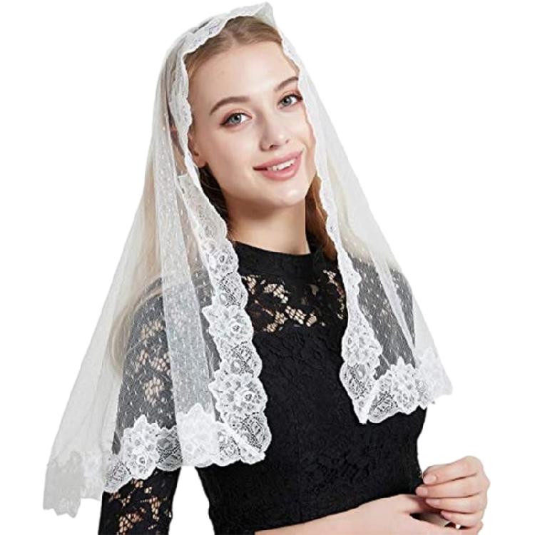 White Simple Veils Laces Traditional Mass Triangles Mantilla Veils for Women for Religious Event