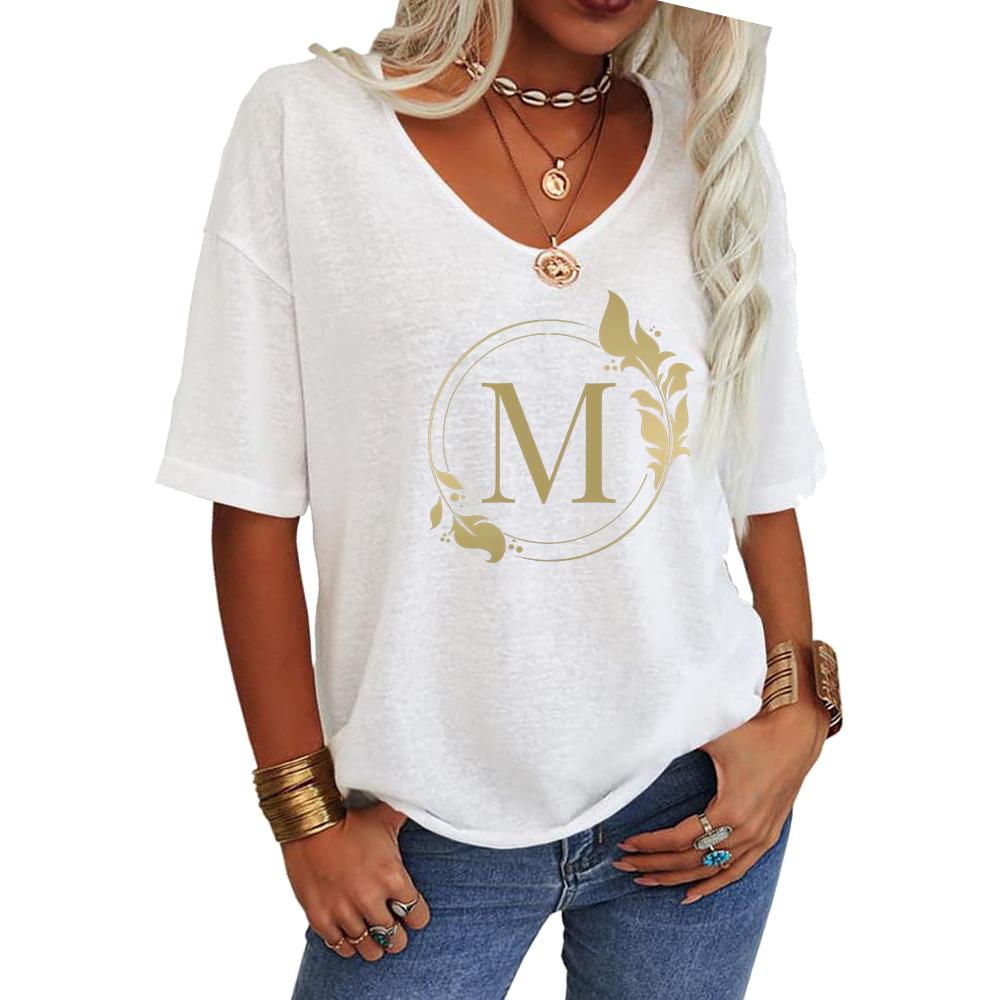 Women Fashion V Neck Tee Shirt Summer Casual Short Sleeve Top Loose Letter Print T-shirt