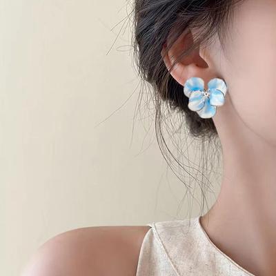 Summer Autumn Light Luxury Elegant Blue Flower Stud Earrings For Women Fashion Rhinestone Sweet Metal Wedding Party Jewelry