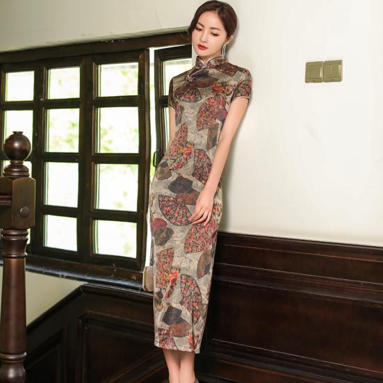 Mandarin Collar Short Sleeve Disc Buckles Smooth Traditional Qipao Chinese Style Mountain