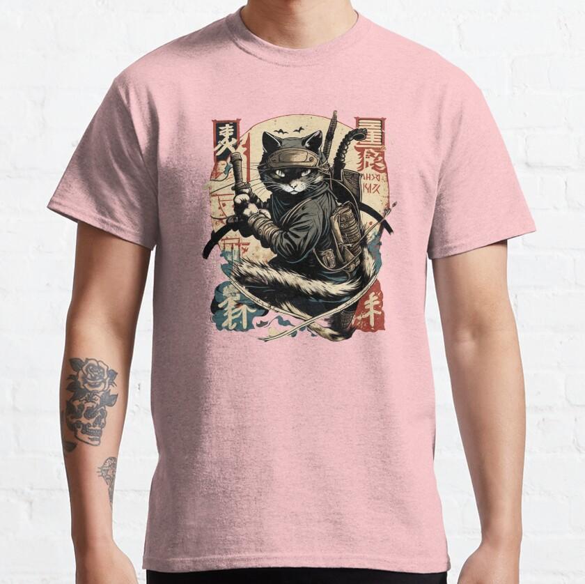 Funny kitten kawaii Cat Samurai mens TShirt for men vintage japanese Ninja Cat printed clothing plus size tee
