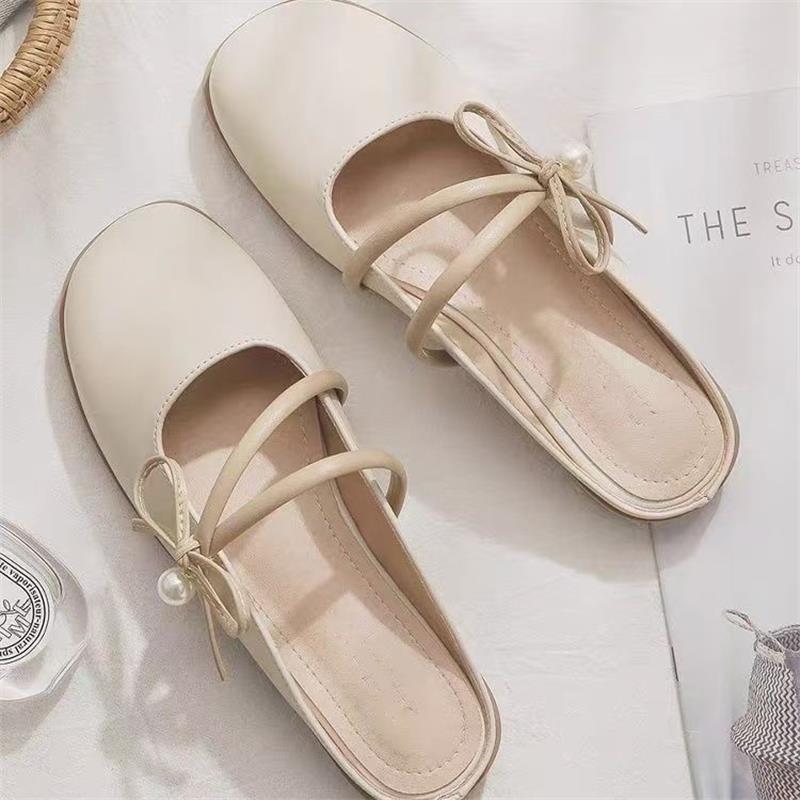 Fairy wind pearl bow baotou half slippers female summer 2025 new evening shoes flat lazy slippers