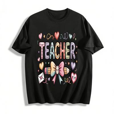 Cute Heart Bow Teacher Themed Printed Casual Top Pure Cotton T-shirt