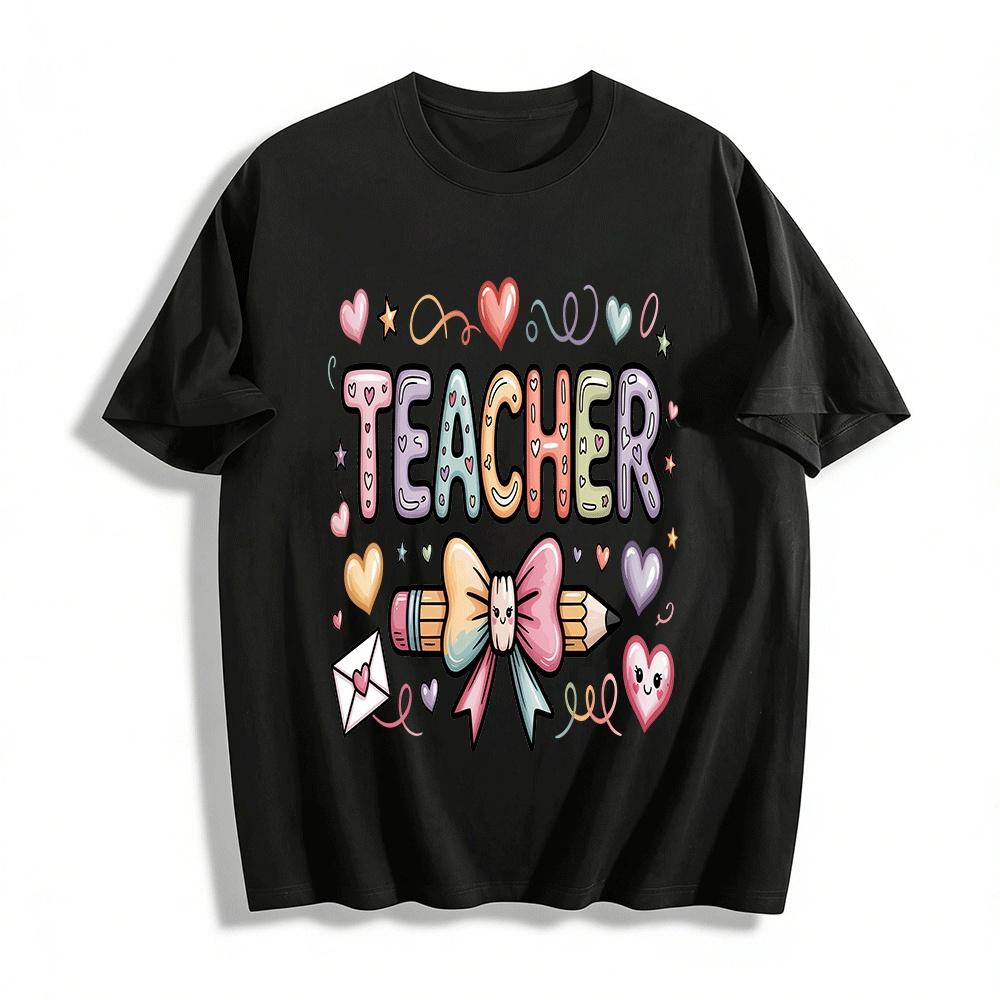 Cute Heart Bow Teacher Themed Printed Casual Top Pure cotton T-shirt XXS