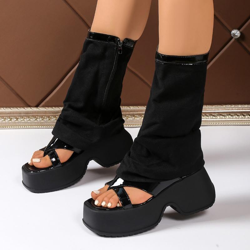 

Platform Wedge Cooling Boots Women s Fashion Round Toe Clipped Toe Paneled Fashion Cutout Side Zip High Top Romans 40 чорний