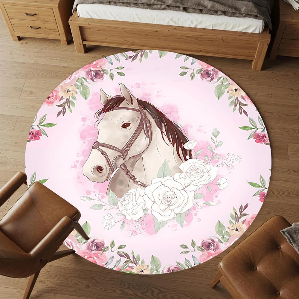 1pc Horse Floral Round Chair mat Area Rug - Non-Slip, Floor Mat for Office, Bedroom, and Indoor Decor c1125096