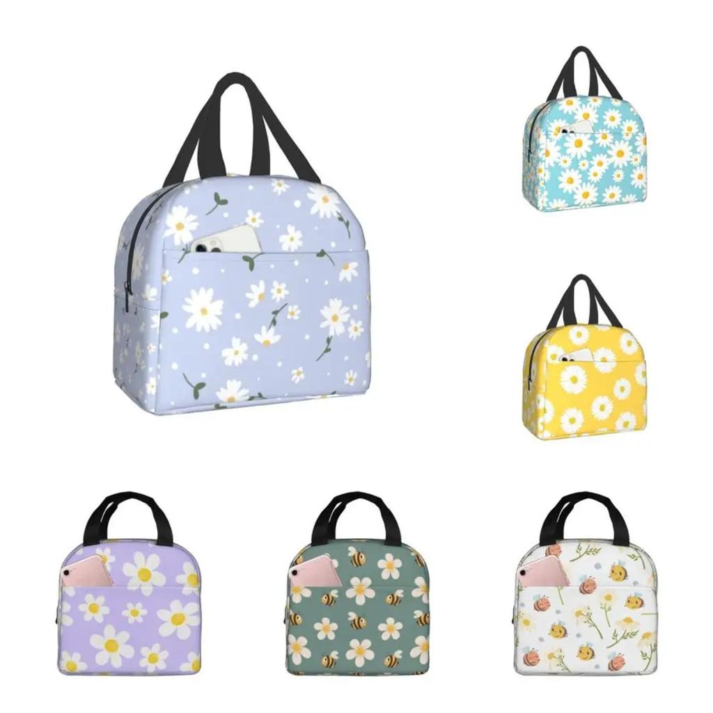 Insulated Lunch Box Daisy Flower Lunch Bag Spring Floral Reusable Bag Flowers Blue Cooler Tote Bags for Kids Teens Adults Girls