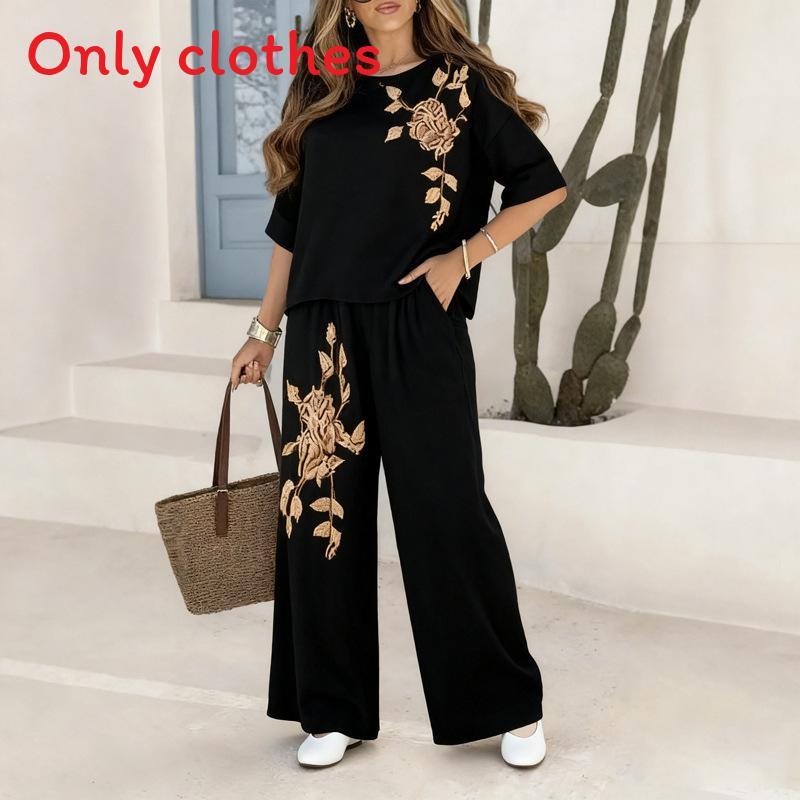 Vintage Plant Embroidery Cotton Linen Casual Pants Set For Women Summer Streetwear